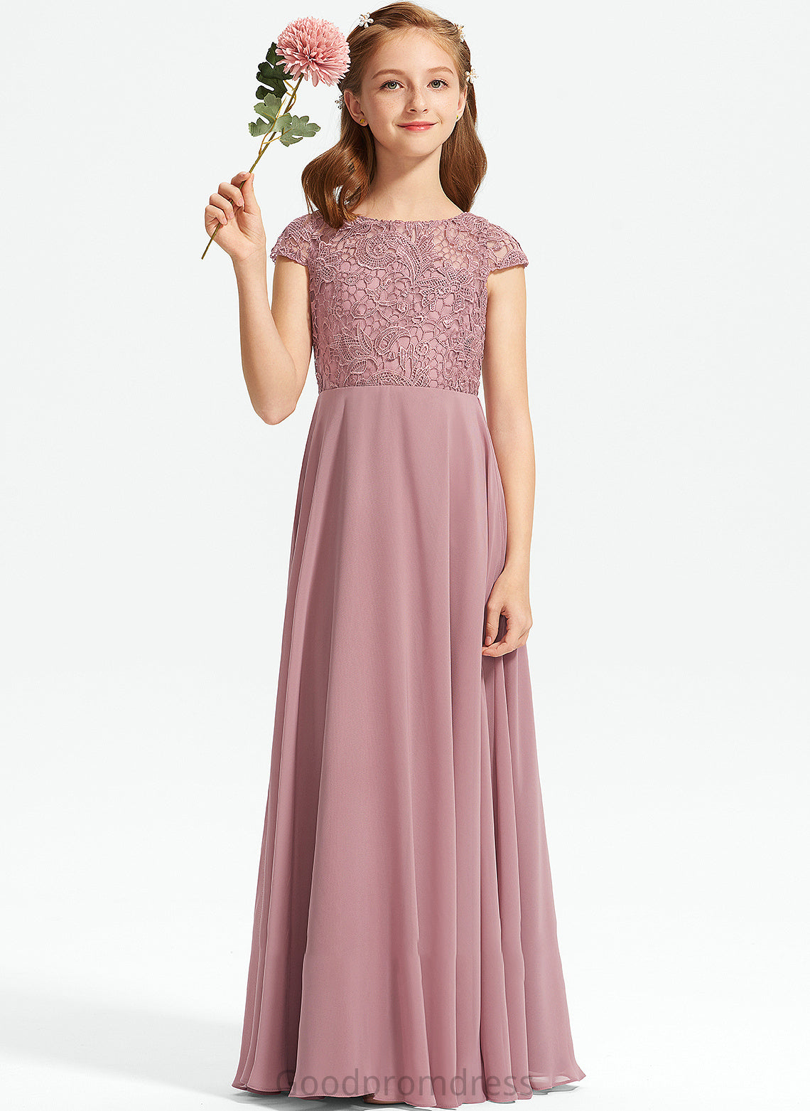 Scoop Chiffon Junior Bridesmaid Dresses Neck Lace Sam A-Line Floor-Length