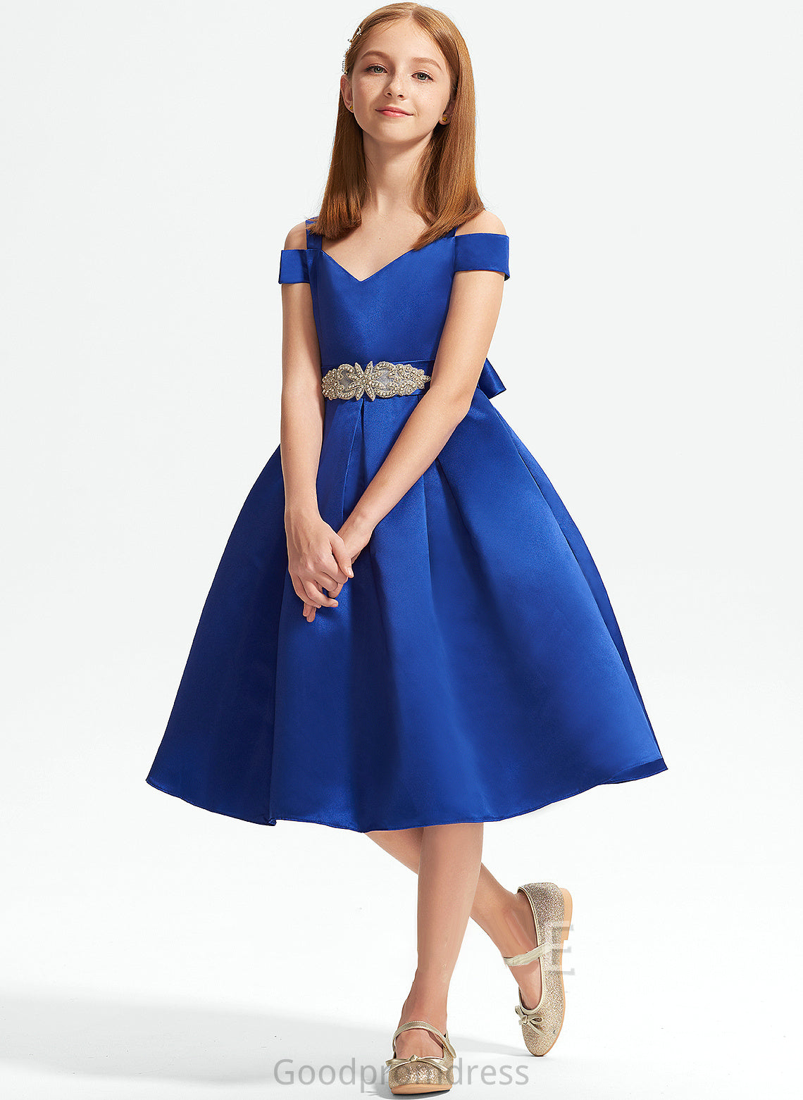 Off-the-Shoulder Satin With A-Line Junior Bridesmaid Dresses Bow(s) Ashly Beading Knee-Length