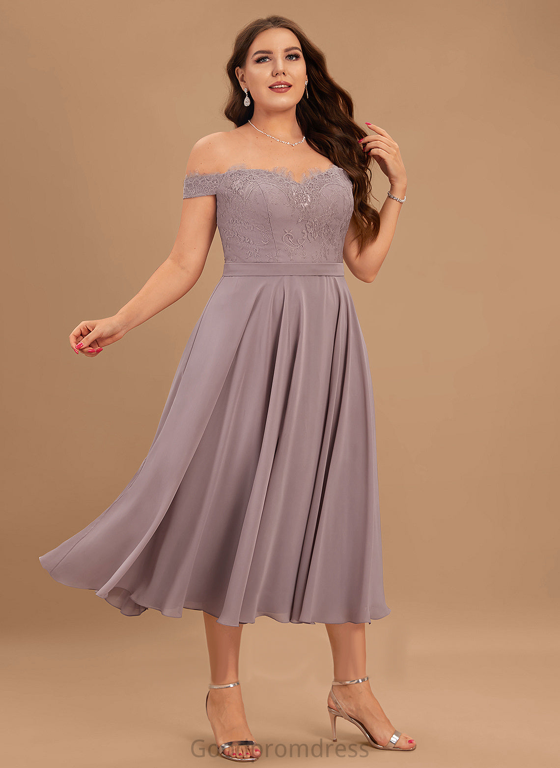 Lace Cocktail Off-the-Shoulder A-Line Chiffon Cocktail Dresses With Tea-Length Finley Dress Beading