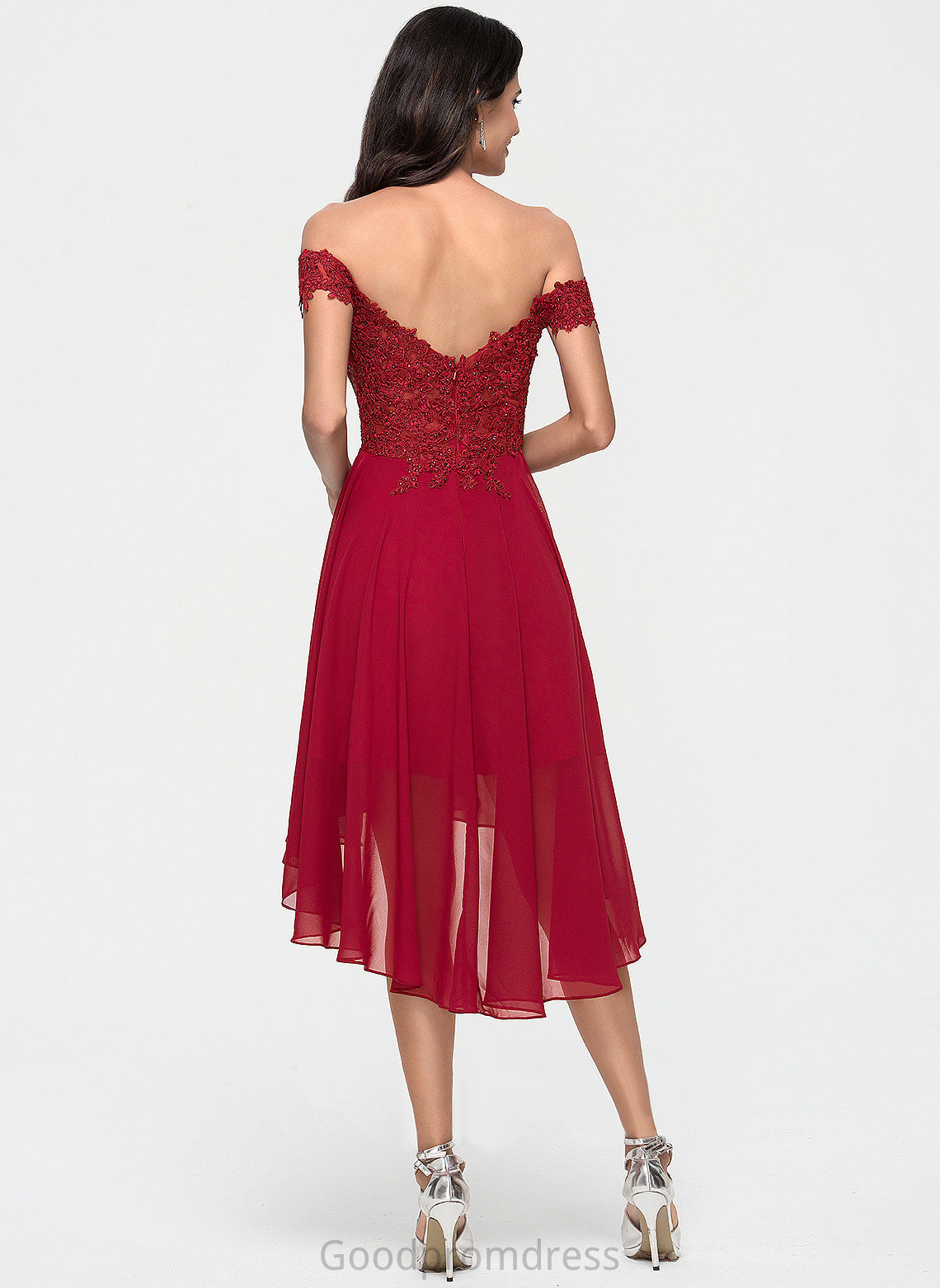 Homecoming Dresses Jaelynn Asymmetrical Chiffon Off-the-Shoulder A-Line Lace With Homecoming Beading Dress