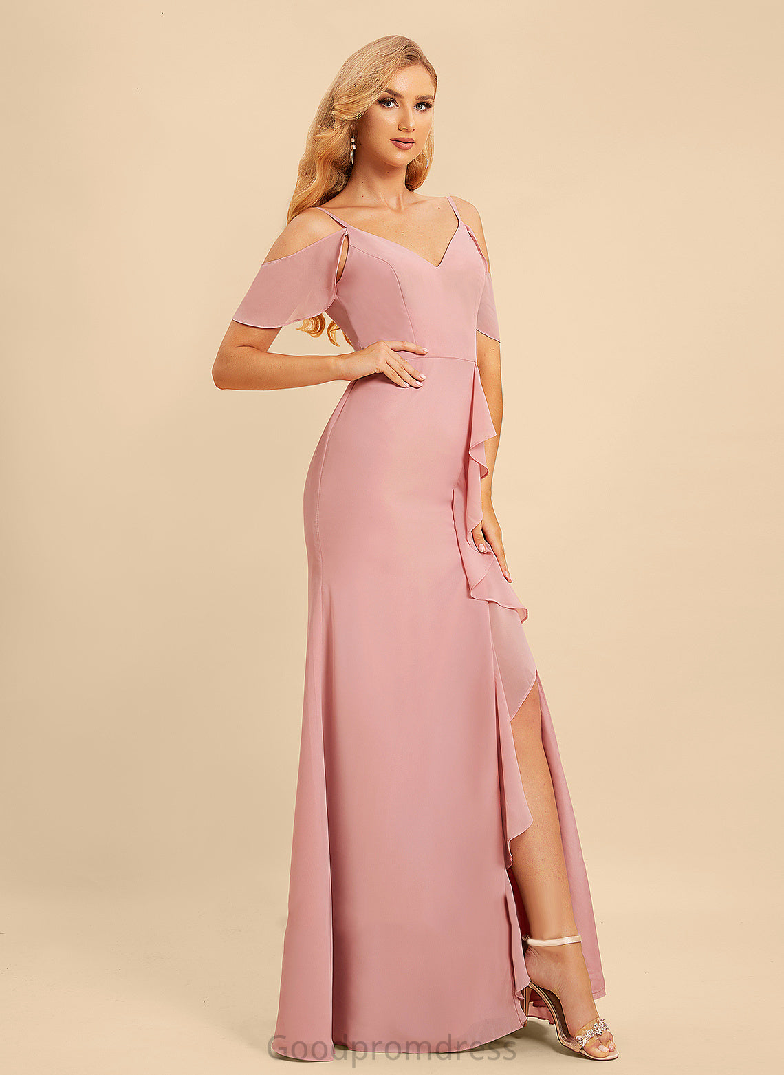 Floor-Length Ruffle Length Neckline SplitFront Silhouette Embellishment A-Line V-neck Fabric Liliana Floor Length Bridesmaid Dresses