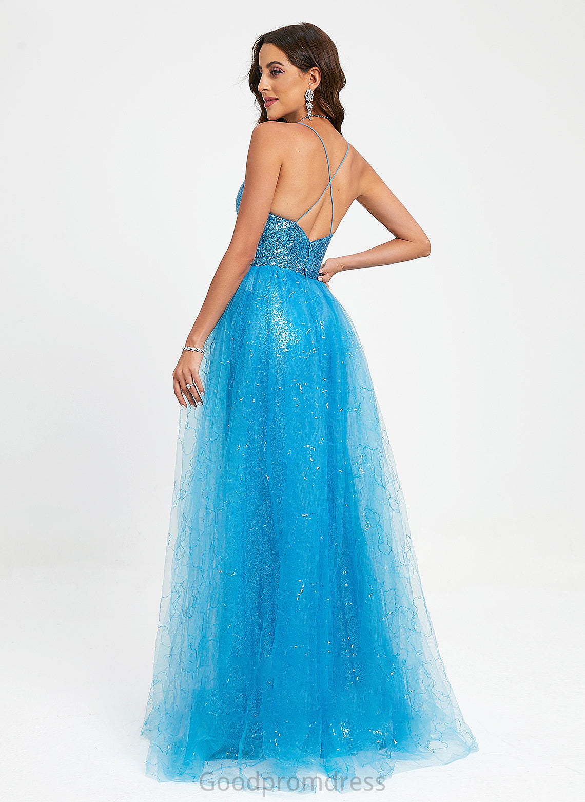 Floor-Length V-neck Tulle With Jordin Ball-Gown/Princess Prom Dresses Sequins