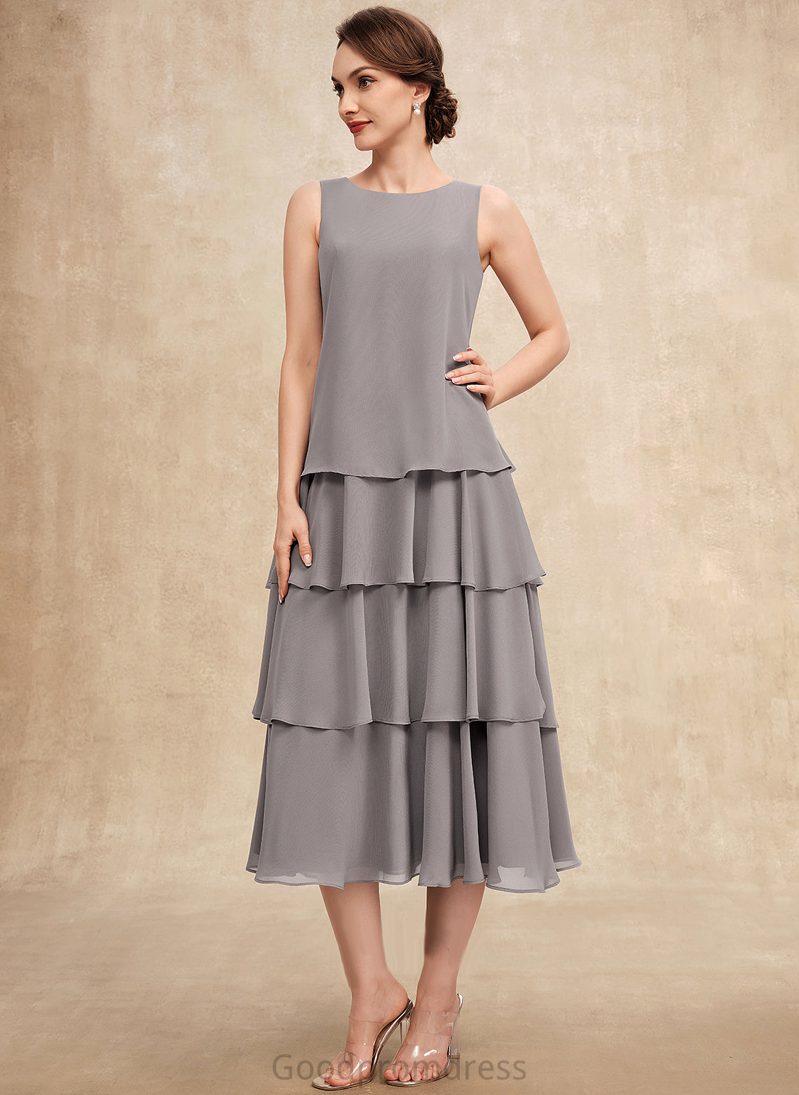 Bride Dress With the Karley Cascading Mother of the Bride Dresses Mother Tea-Length Ruffles A-Line Scoop Neck Chiffon of