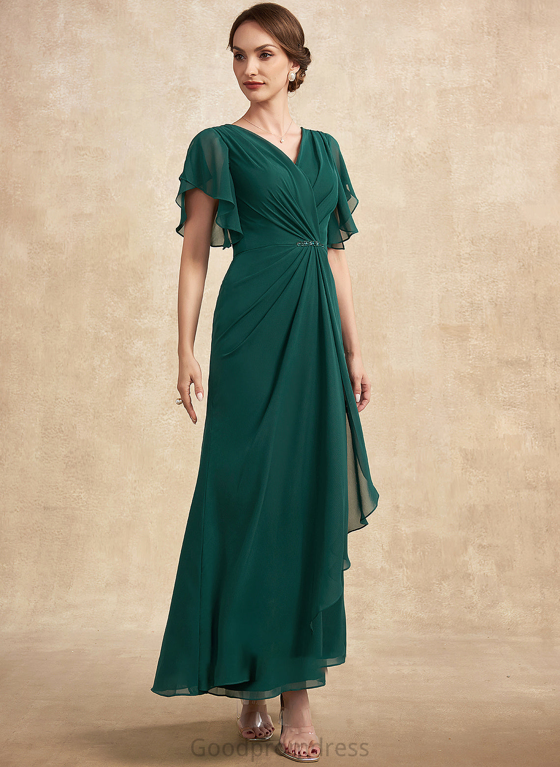 Beading Bride Dress Sequins Mother of the Bride Dresses V-neck Dixie Ruffle the With Mother A-Line of Ankle-Length Chiffon