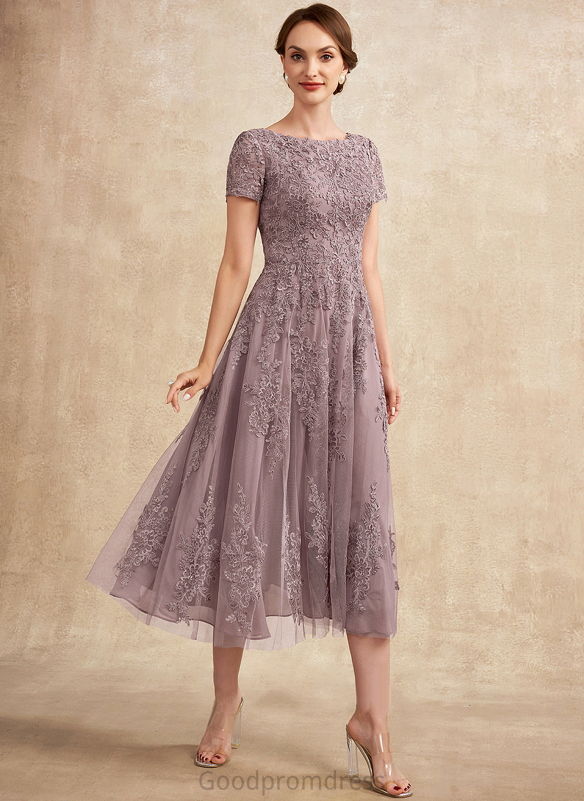 Sahna Neck Mother A-Line Lace Scoop Dress Bride Tea-Length Tulle of the Mother of the Bride Dresses