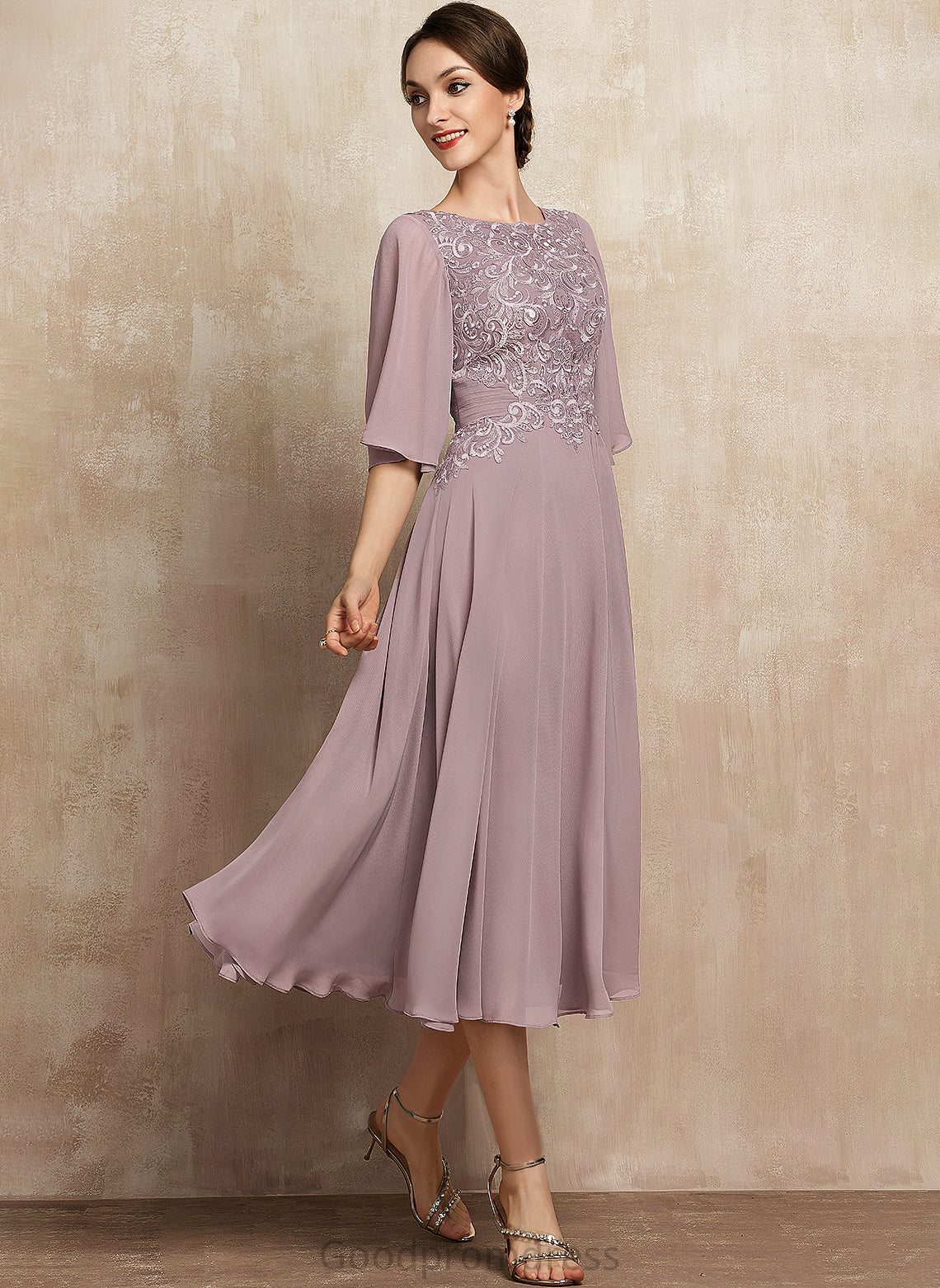 Lace Cocktail Dress Kailyn A-Line Neck Chiffon Tea-Length Scoop Cocktail Dresses