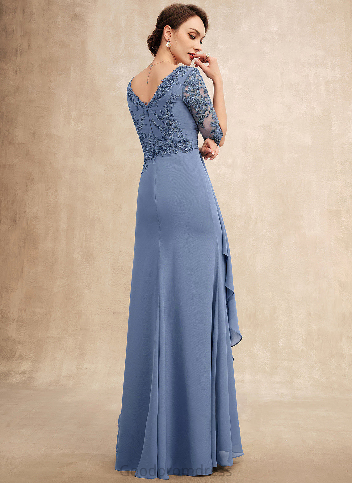 Chiffon Cascading Floor-Length the Mother of the Bride Dresses A-Line Bride Dress With Lace V-neck Ruffles of Yareli Mother