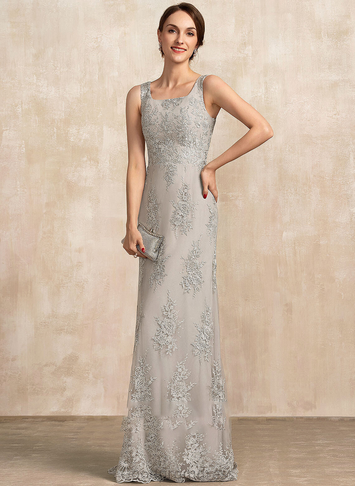 Neckline of Square Floor-Length Bride the Mother of the Bride Dresses A-Line Lace Dress Mother Lacey