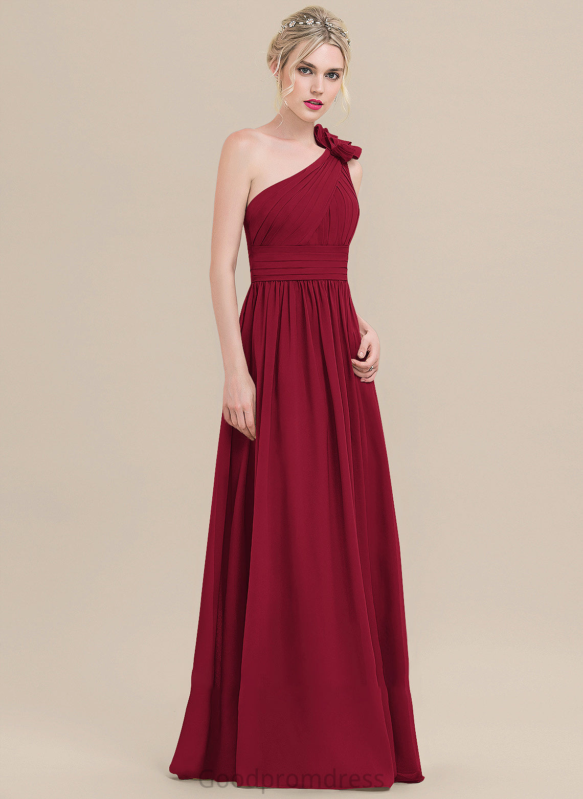 Floor-Length Length Silhouette A-Line One-Shoulder Fabric Neckline Flower(s) Embellishment Ruffle Cynthia Natural Waist Bridesmaid Dresses