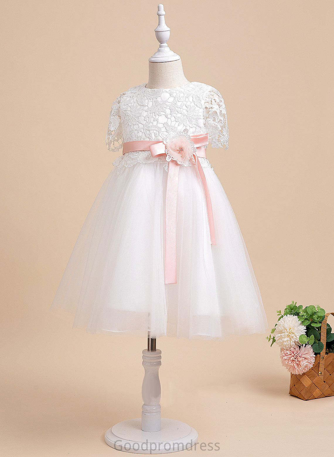 Sash/Flower(s) Melissa A-Line Tulle/Lace Knee-length - Short Neck Scoop Girl Flower Girl Dresses With Flower Dress Sleeves