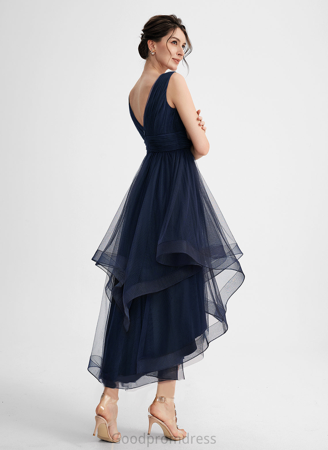 Ruffles Asymmetrical With Gemma A-Line Cocktail Cascading Pleated Tulle Dress Cocktail Dresses V-neck