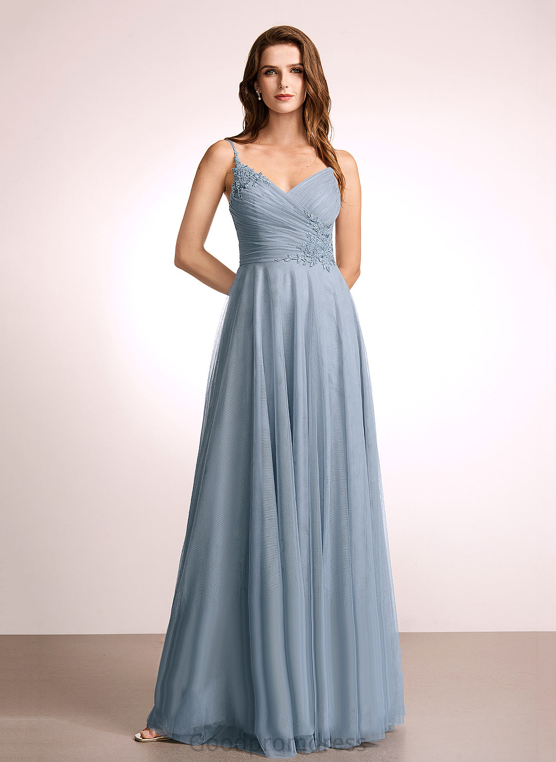 Fabric Neckline Lace Floor-Length Straps&Sleeves V-neck Tulle Silhouette A-Line Length Magdalena Floor Length Bridesmaid Dresses