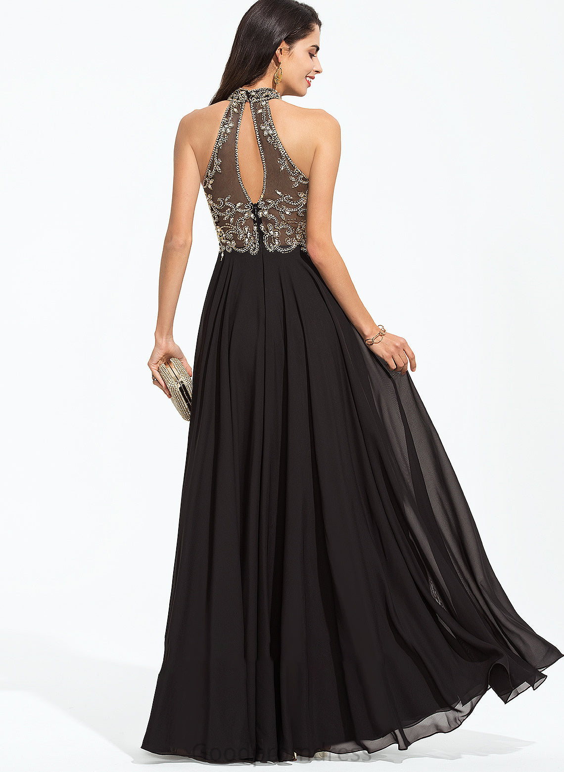 With High Chiffon Prom Dresses Sequins Beading Floor-Length Lynn A-Line Neck