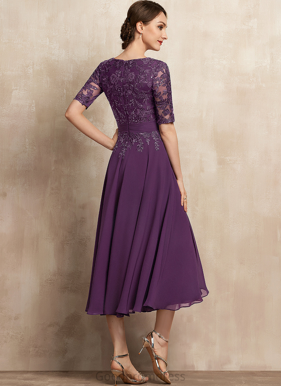 Janelle A-Line Mother V-neck Mother of the Bride Dresses Lace the Sequins Bride Tea-Length of Chiffon With Dress