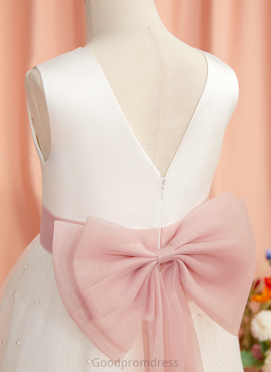 Satin/Tulle Sash/Bow(s)/V With Flower Dress Tea-length Girl Neck Back - A-Line Scoop Sleeveless Flower Girl Dresses Maisie