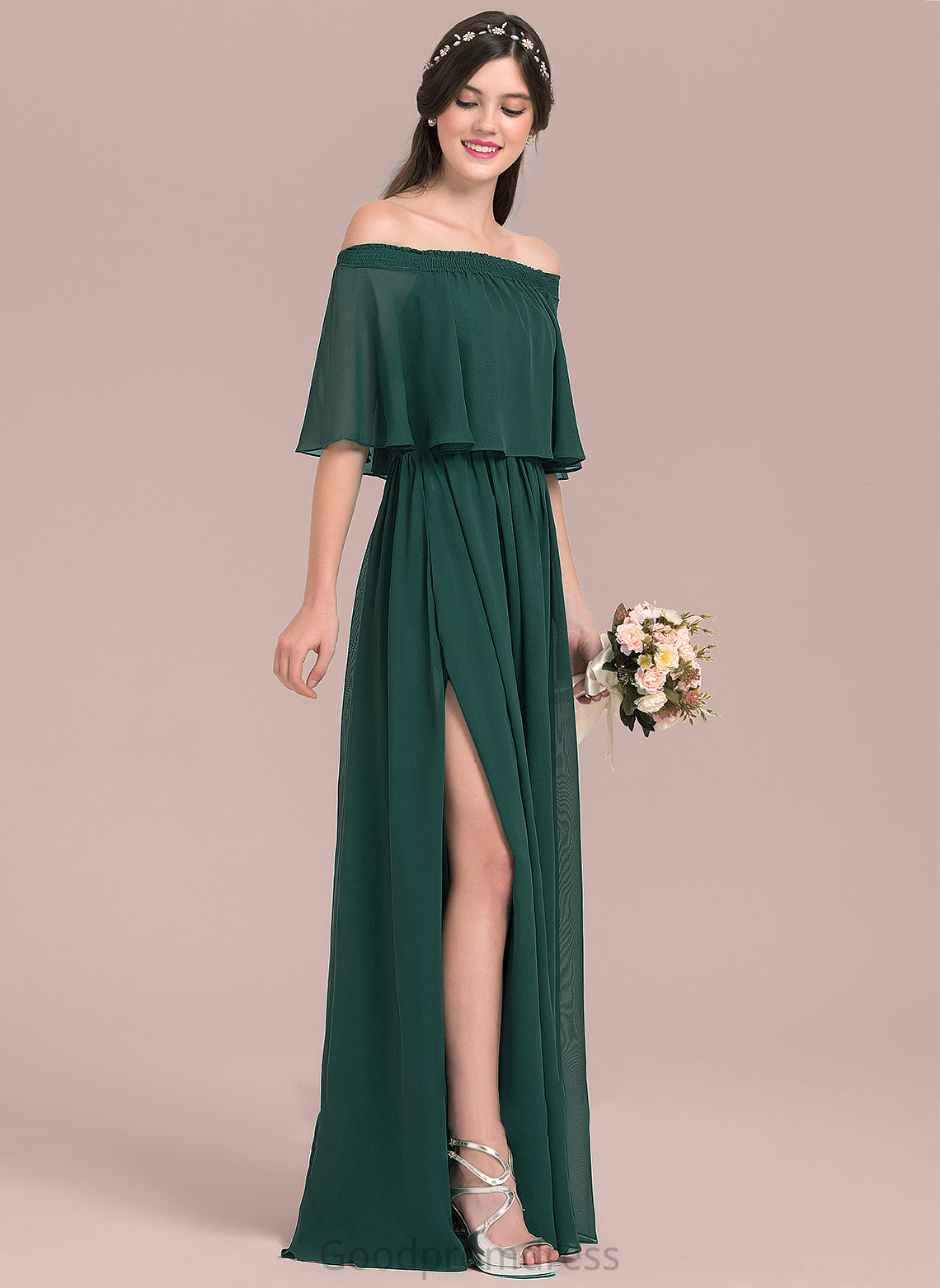 A-Line Neckline SplitFront Length Off-the-Shoulder Embellishment Fabric Silhouette Floor-Length Emelia A-Line/Princess Floor Length Bridesmaid Dresses