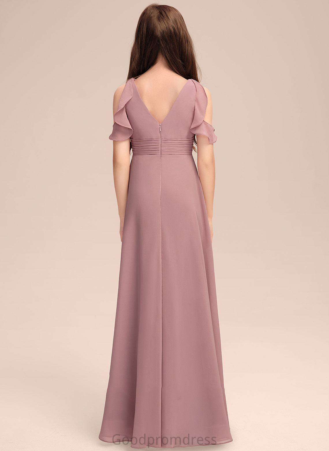 Junior Bridesmaid Dresses Floor-Length Cascading V-neck Christina Chiffon Ruffles With A-Line