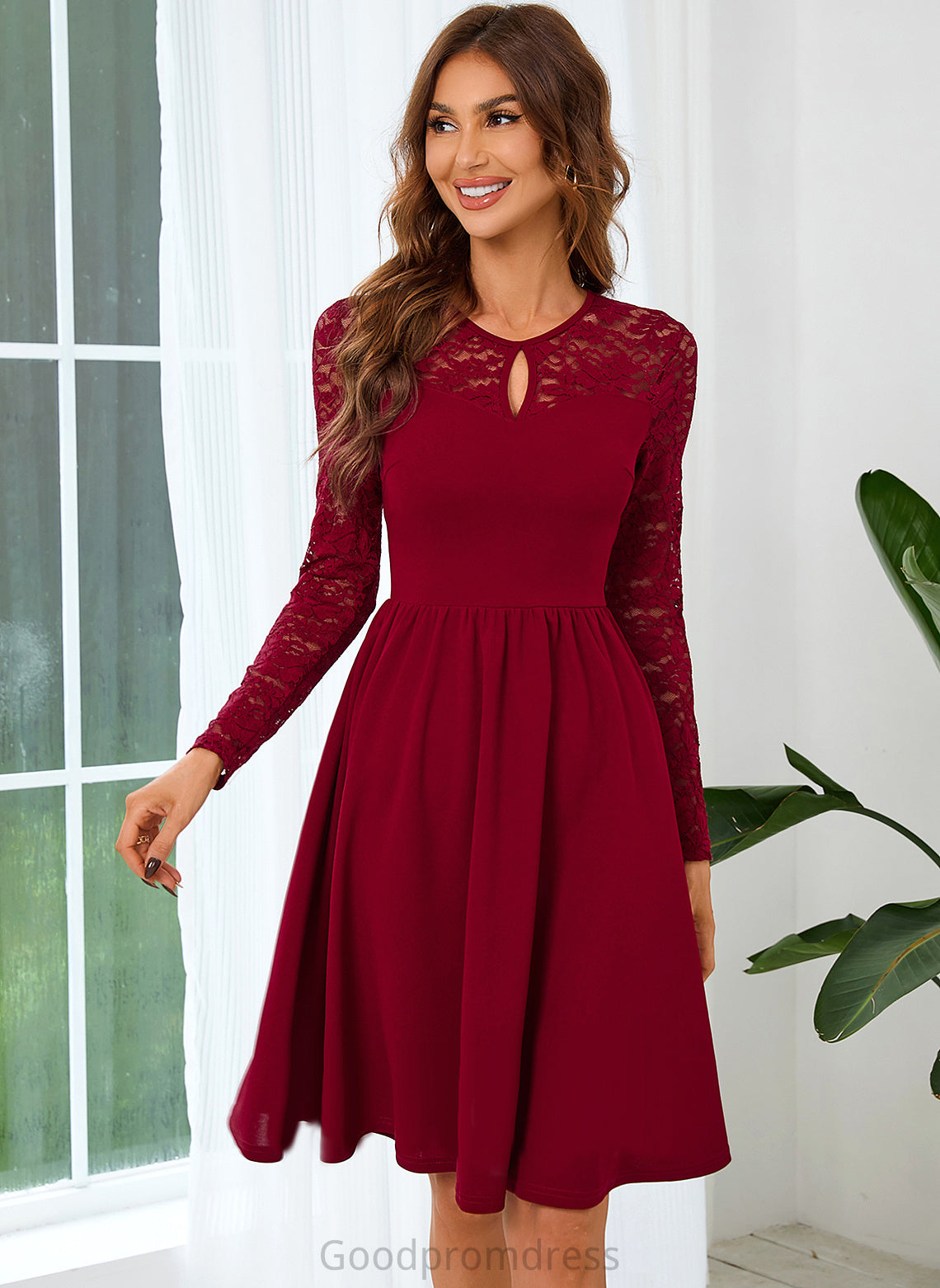 Neck Round Dresses Lucinda A-line Lace Sleeves Club Dresses Blends Long Cotton Mini Elegant