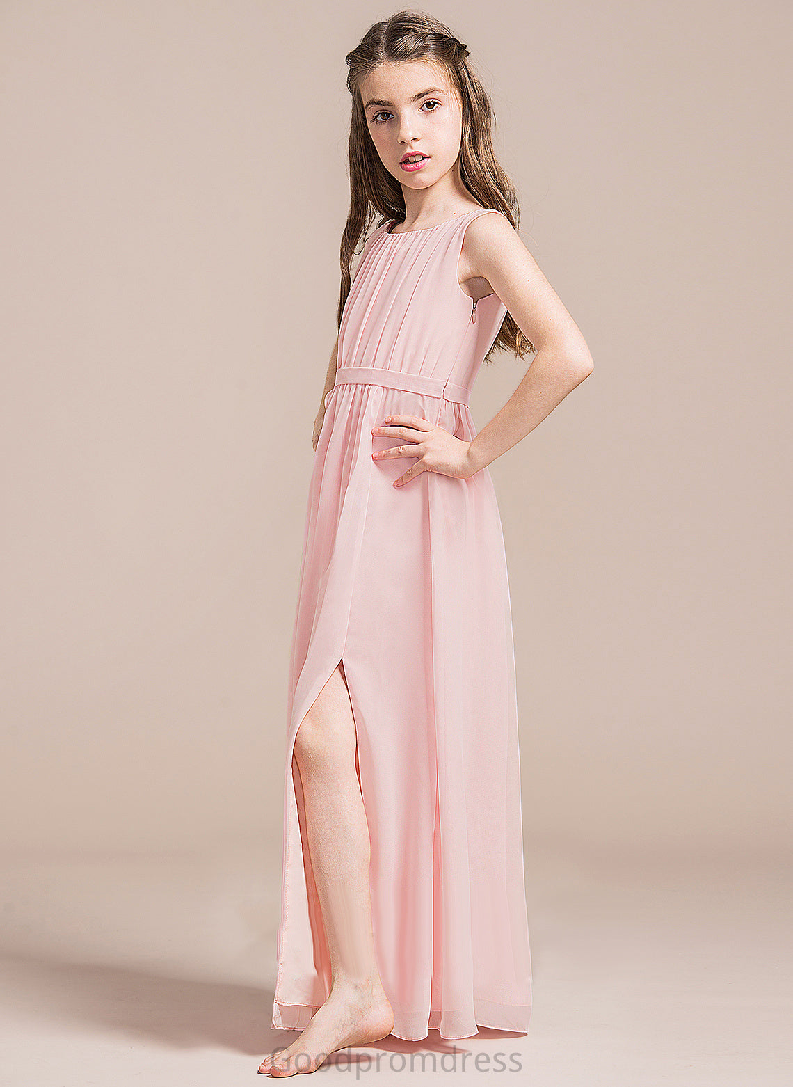 Annabel Front With Split Chiffon Ruffle A-Line Floor-Length Neck Junior Bridesmaid Dresses Scoop