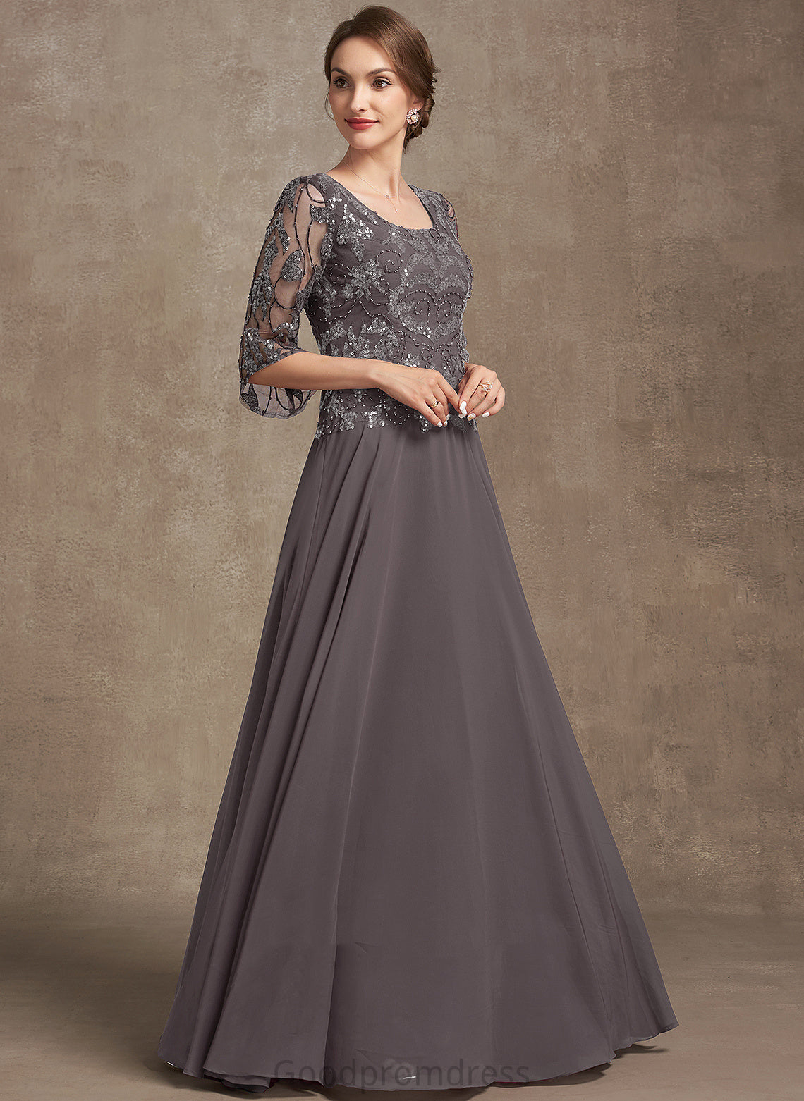 Bride A-Line Scoop Mother the Floor-Length Sequins Neck Mother of the Bride Dresses Lilian Chiffon Lace With Beading of Dress