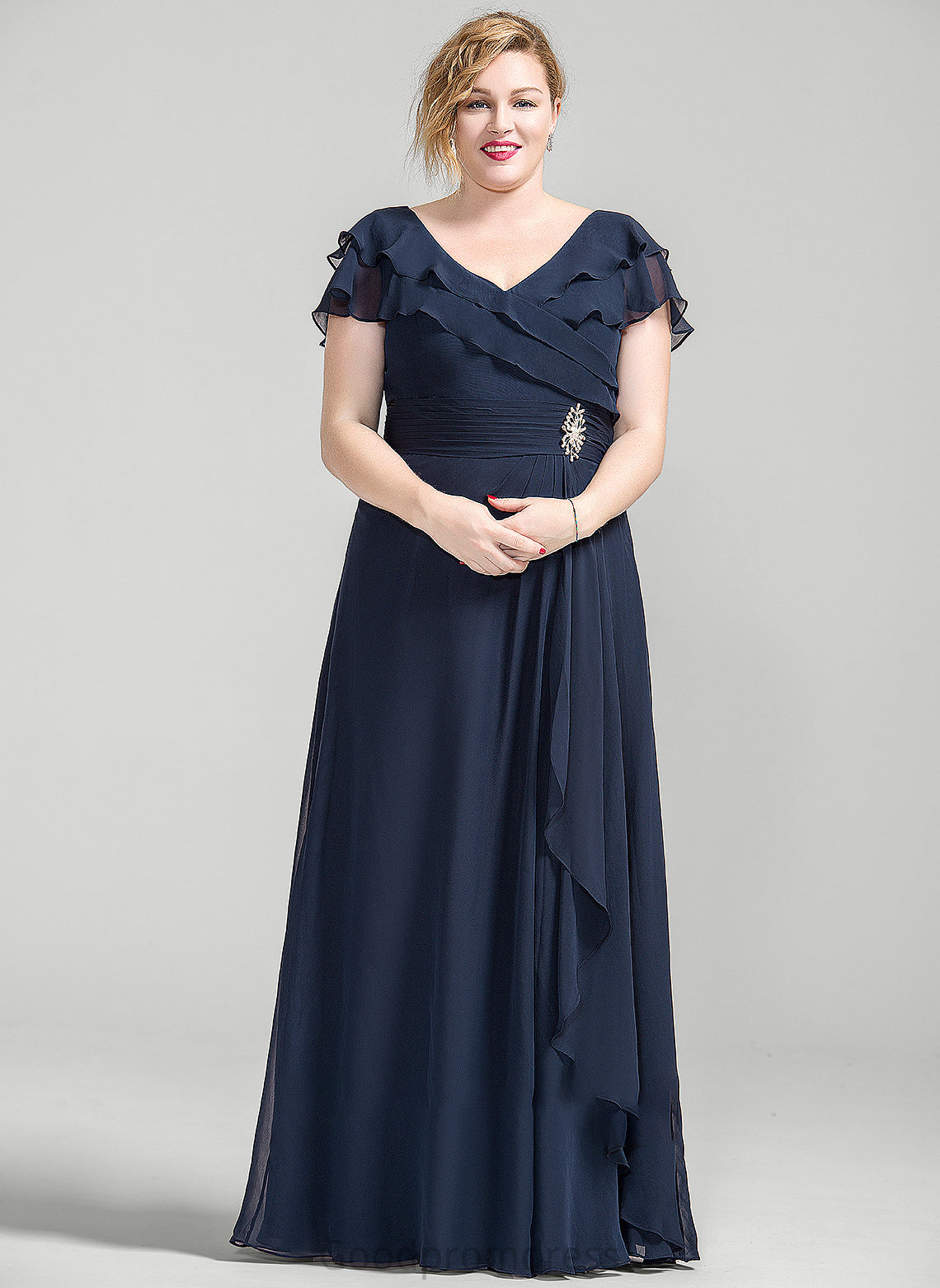 A-Line V-neck Floor-Length Dress Crystal Ruffles With Brooch Lillianna Bride Mother Mother of the Bride Dresses Chiffon Cascading of the