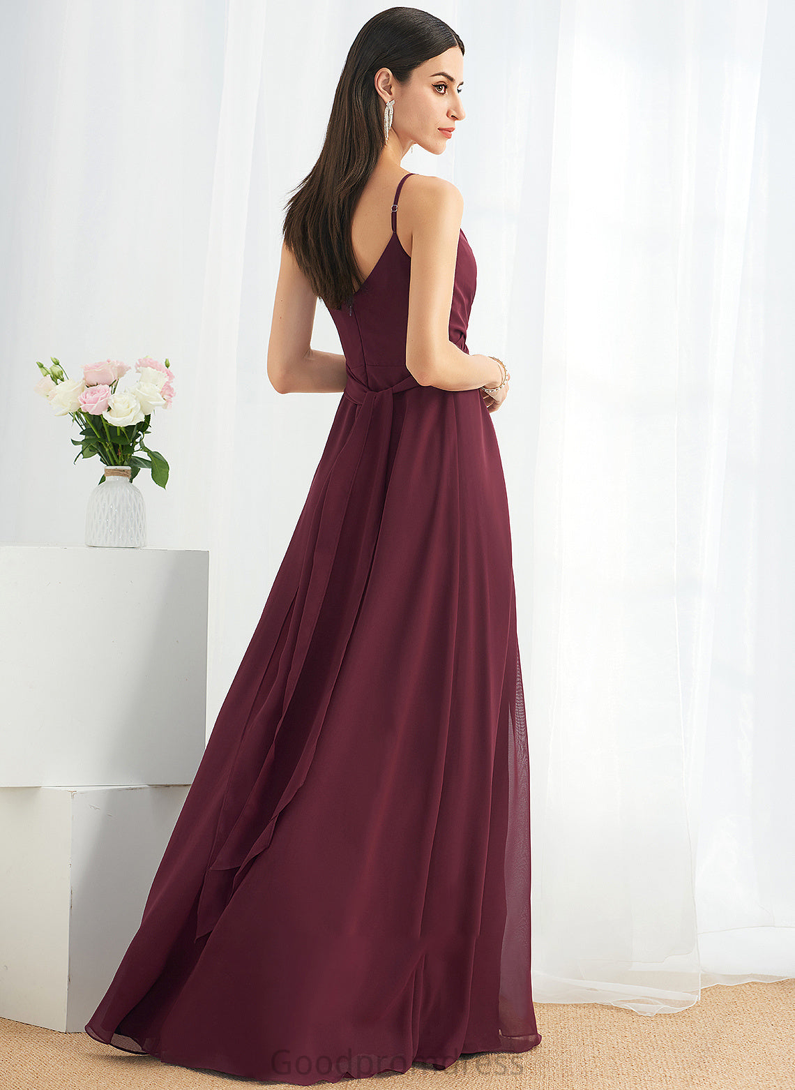 A-Line Ruffle V-neck Floor-Length Length Embellishment Fabric Silhouette Neckline SplitFront Adison One Shoulder Bridesmaid Dresses