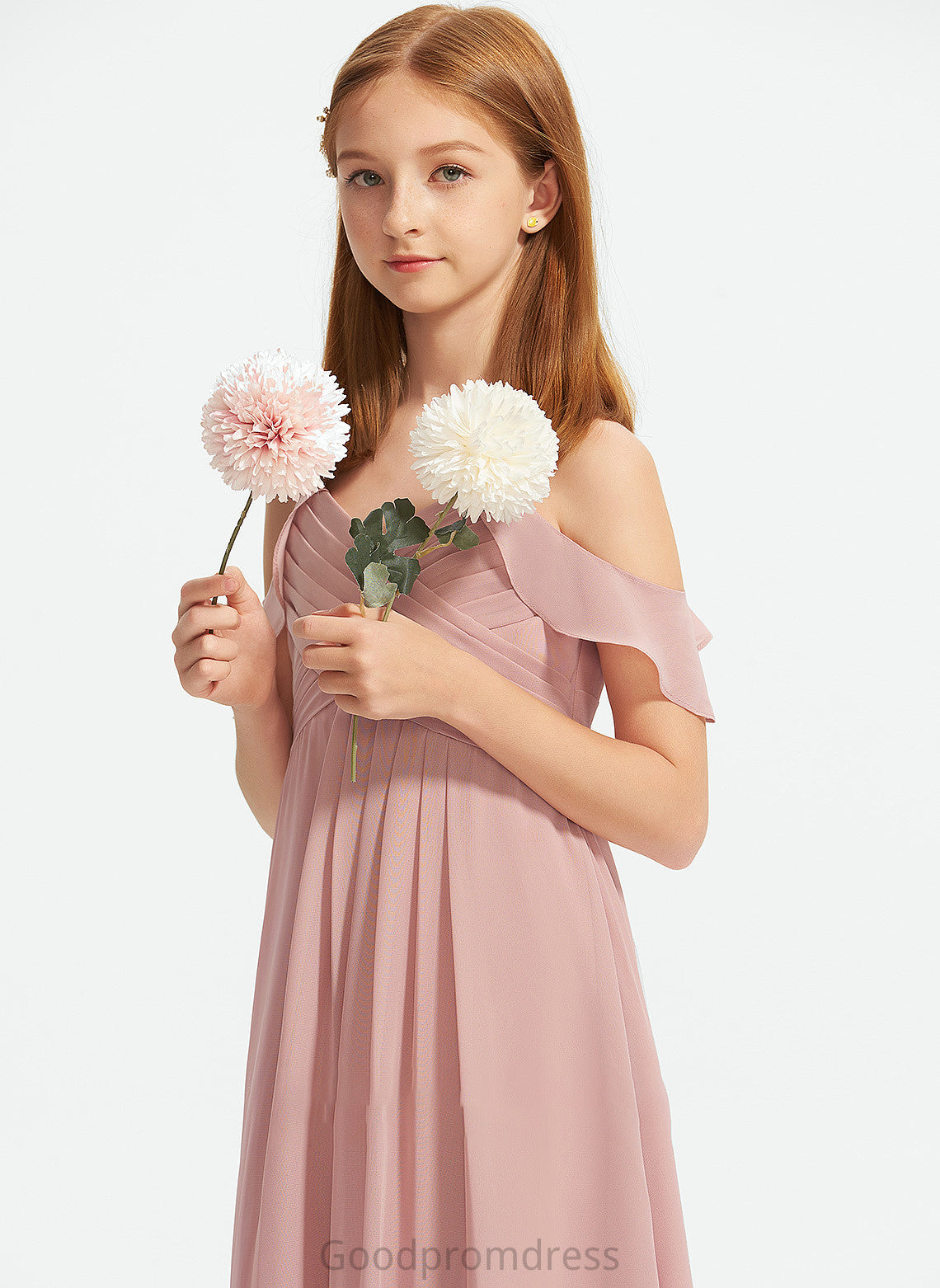 Chiffon Off-the-Shoulder With Ruffles Marin Floor-Length Cascading A-Line Junior Bridesmaid Dresses