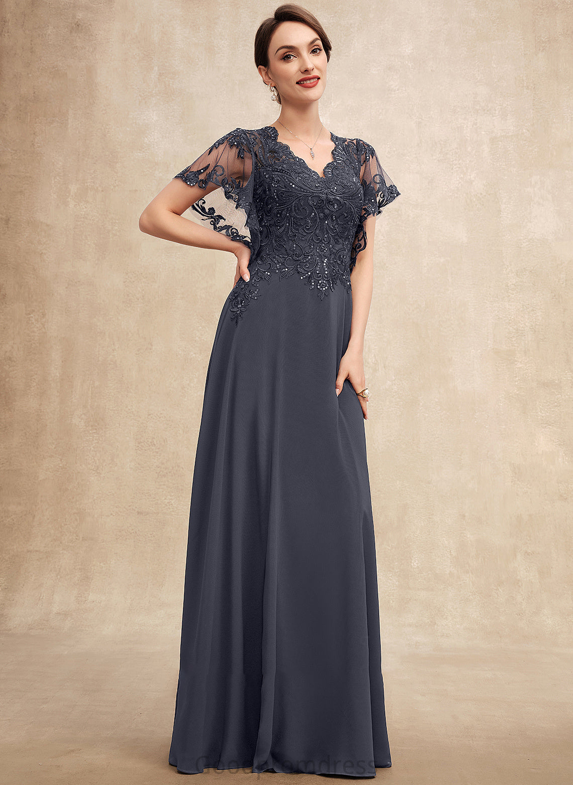 the A-Line Bride With Mother Ayla Mother of the Bride Dresses Dress Chiffon Floor-Length Sequins of V-neck Lace