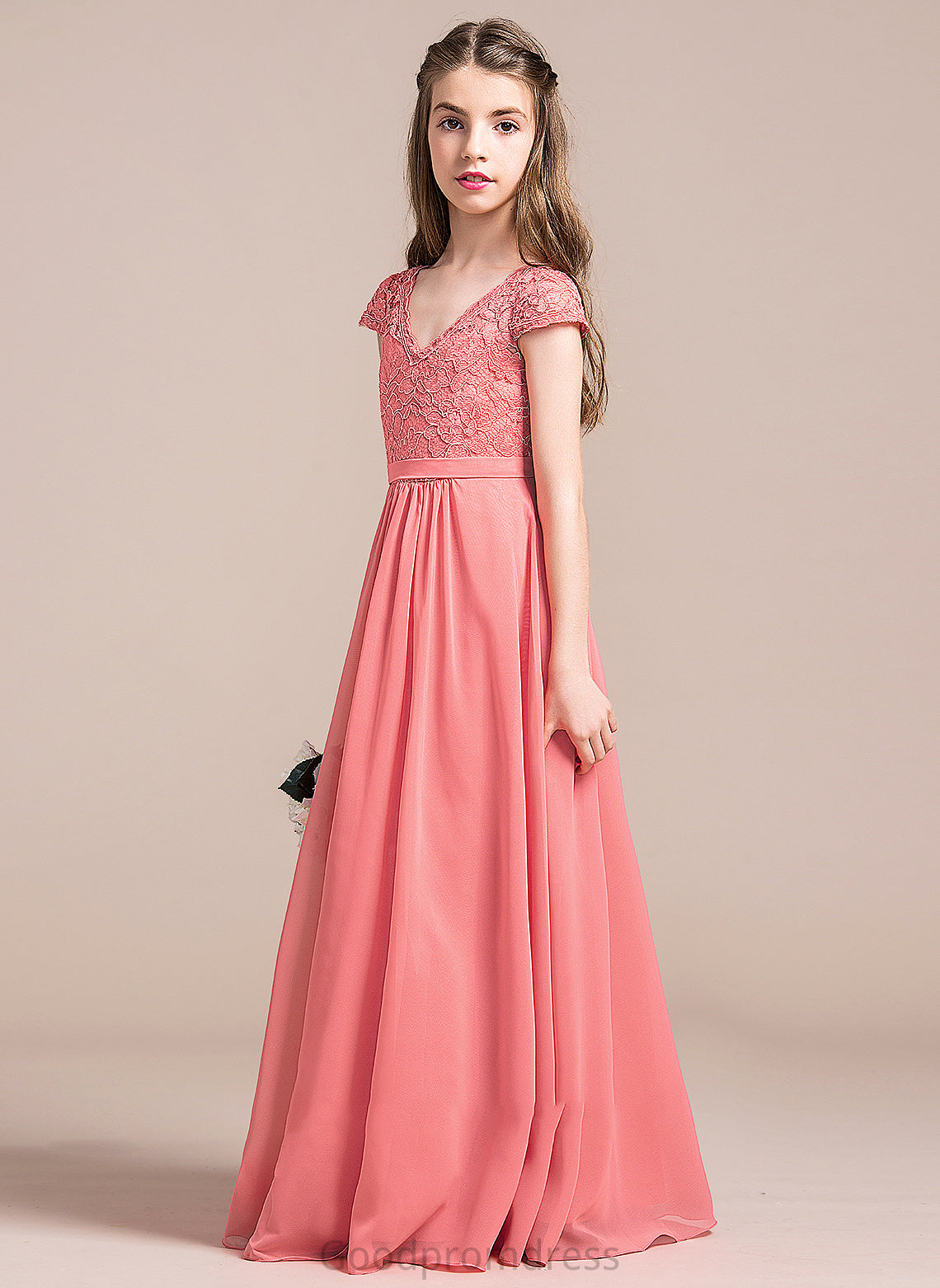 Lace Floor-Length V-neck Junior Bridesmaid Dresses Luz A-Line Chiffon