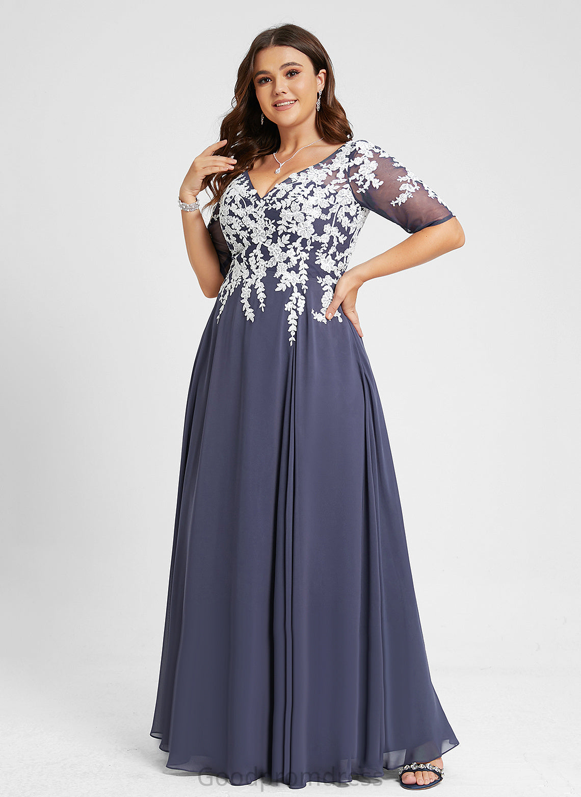 A-Line V-neck Floor-Length Lace Chiffon Arielle Prom Dresses