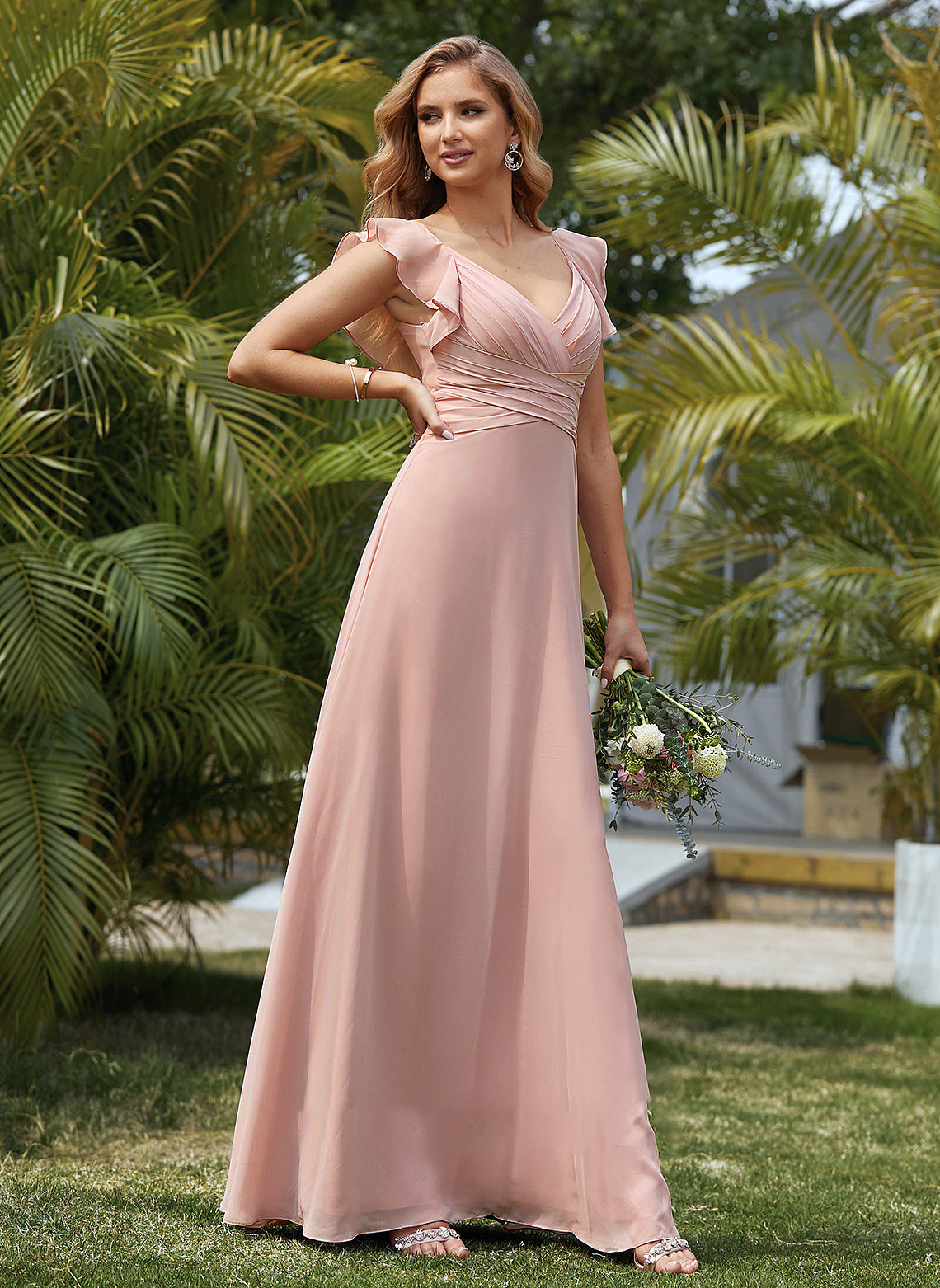 Empire Floor-Length Chiffon Ciara Prom Dresses Cascading Ruffles V-neck With