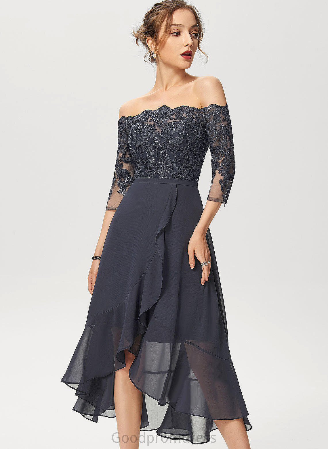 Sequins With Asymmetrical Nathalie Cocktail Dresses Off-the-Shoulder Chiffon A-Line Dress Cocktail Lace