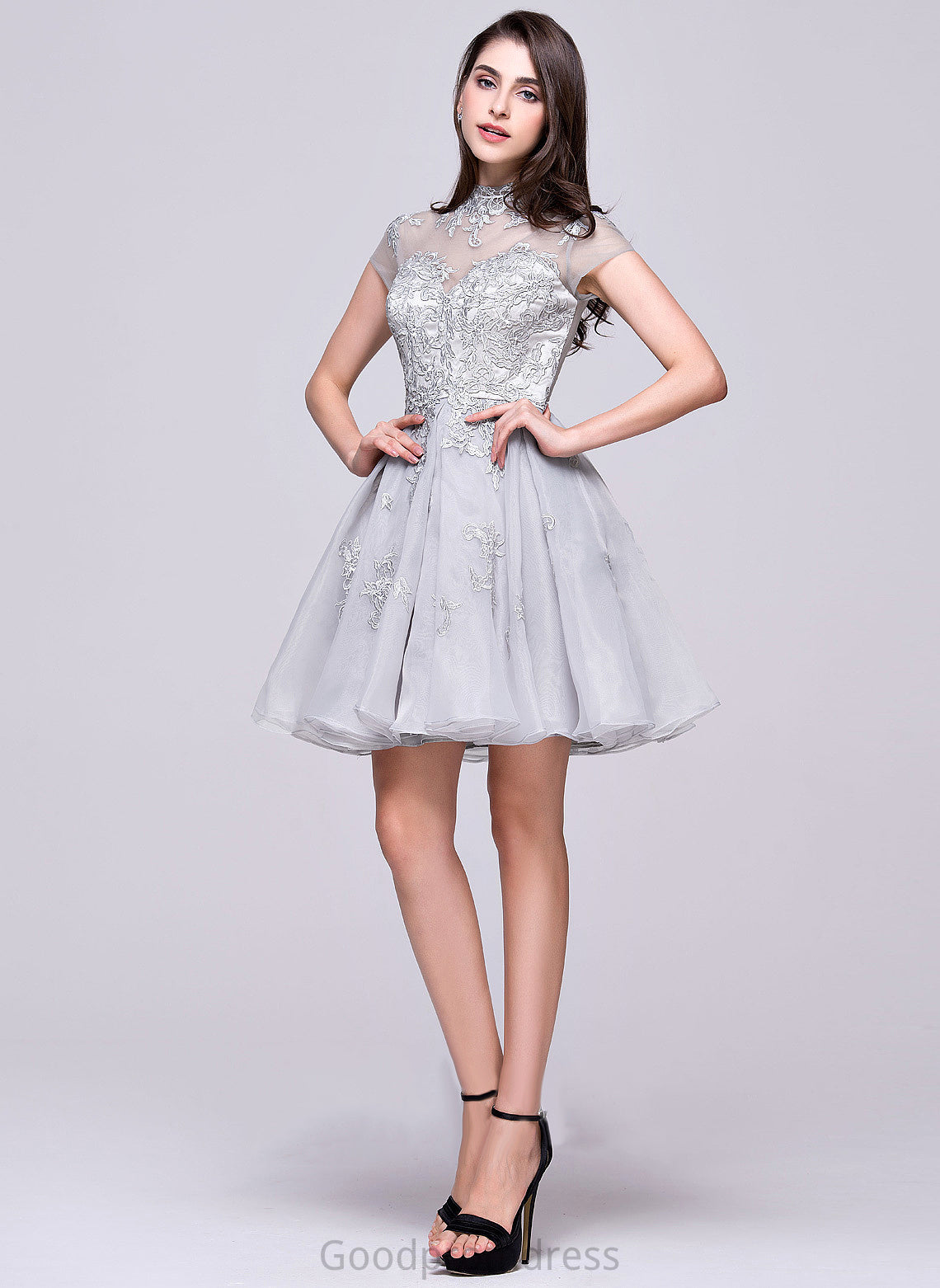 With High Kim Organza A-Line Homecoming Dresses Lace Appliques Dress Neck Tulle Lace Homecoming Short/Mini