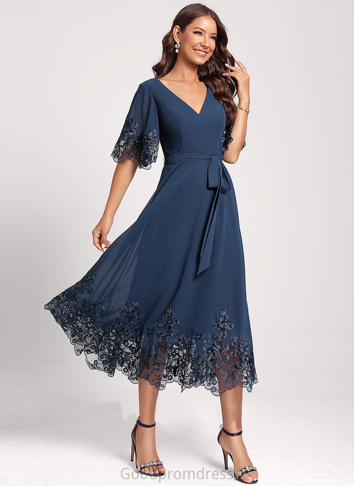 Dress A-Line Chiffon With Cocktail Sequins Tea-Length Lace Club Dresses V-neck Greta