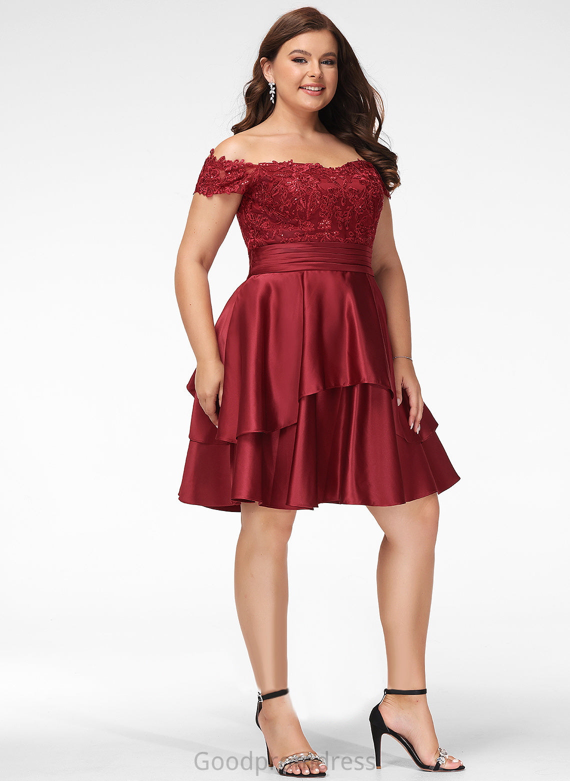 A-Line Lace Knee-Length Cocktail Satin Dress With Daniella Off-the-Shoulder Cocktail Dresses Sequins