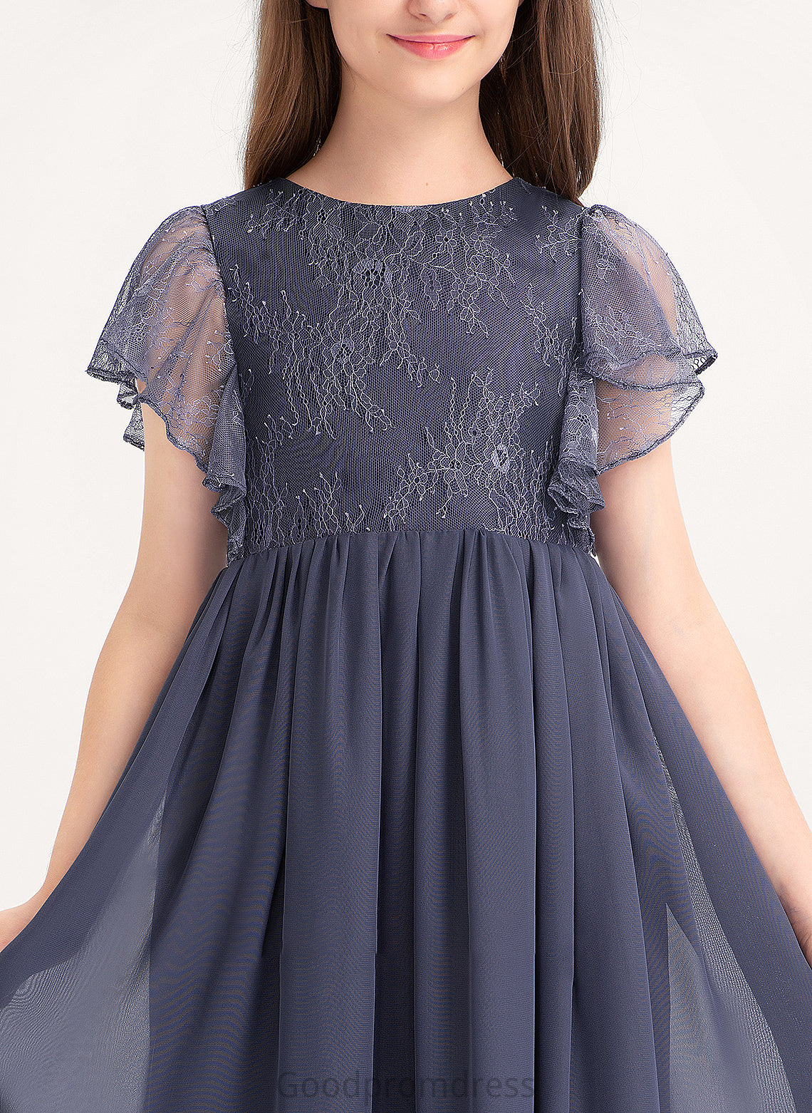 Scoop Knee-Length A-Line Lace Junior Bridesmaid Dresses Ruffles Chiffon With Neck Cascading Dulce