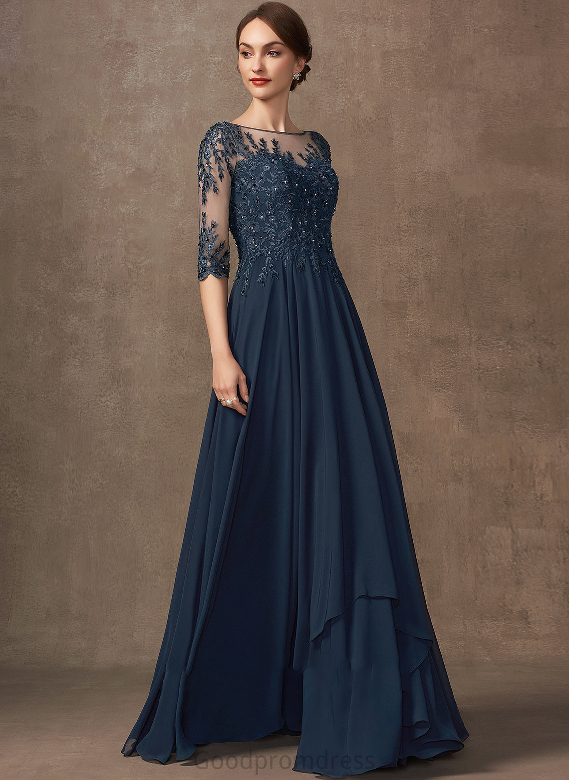 Dress Neck Sequins Scoop of A-Line With Beading Floor-Length Mother Emmalee Lace Chiffon Mother of the Bride Dresses Bride the