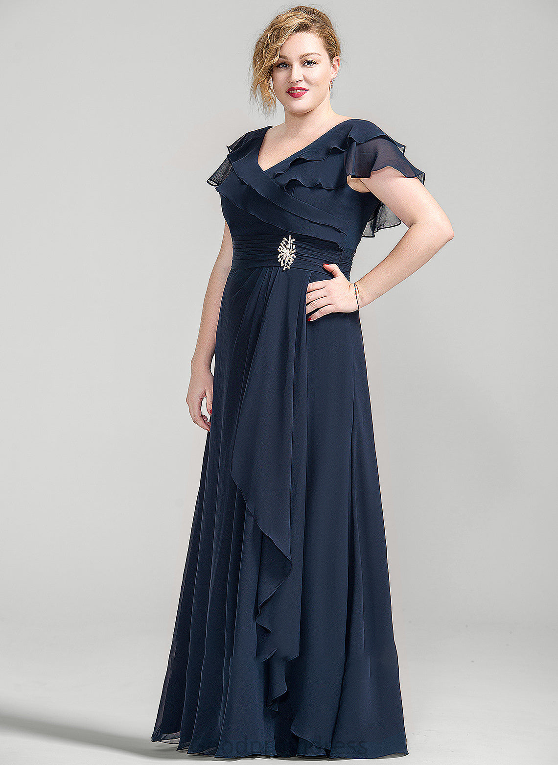 A-Line V-neck Floor-Length Dress Crystal Ruffles With Brooch Lillianna Bride Mother Mother of the Bride Dresses Chiffon Cascading of the