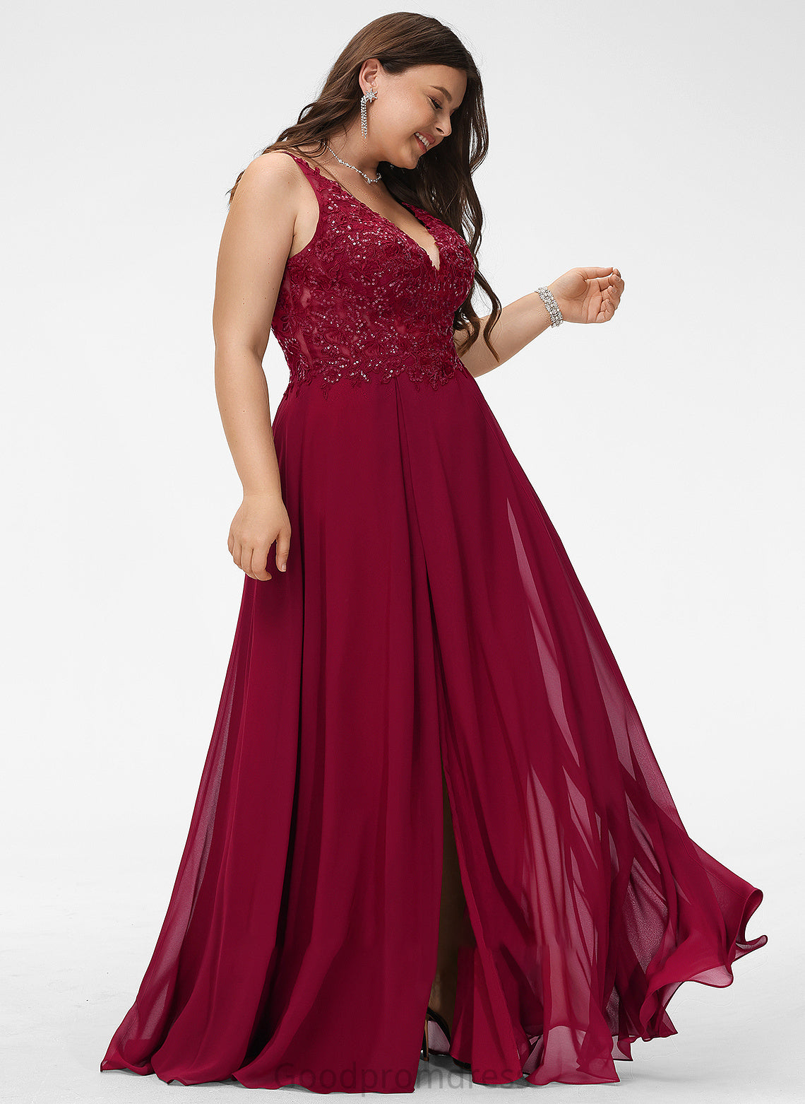 Lace Floor-Length V-neck With Front Sequins Split Jaylin Chiffon Prom Dresses A-Line