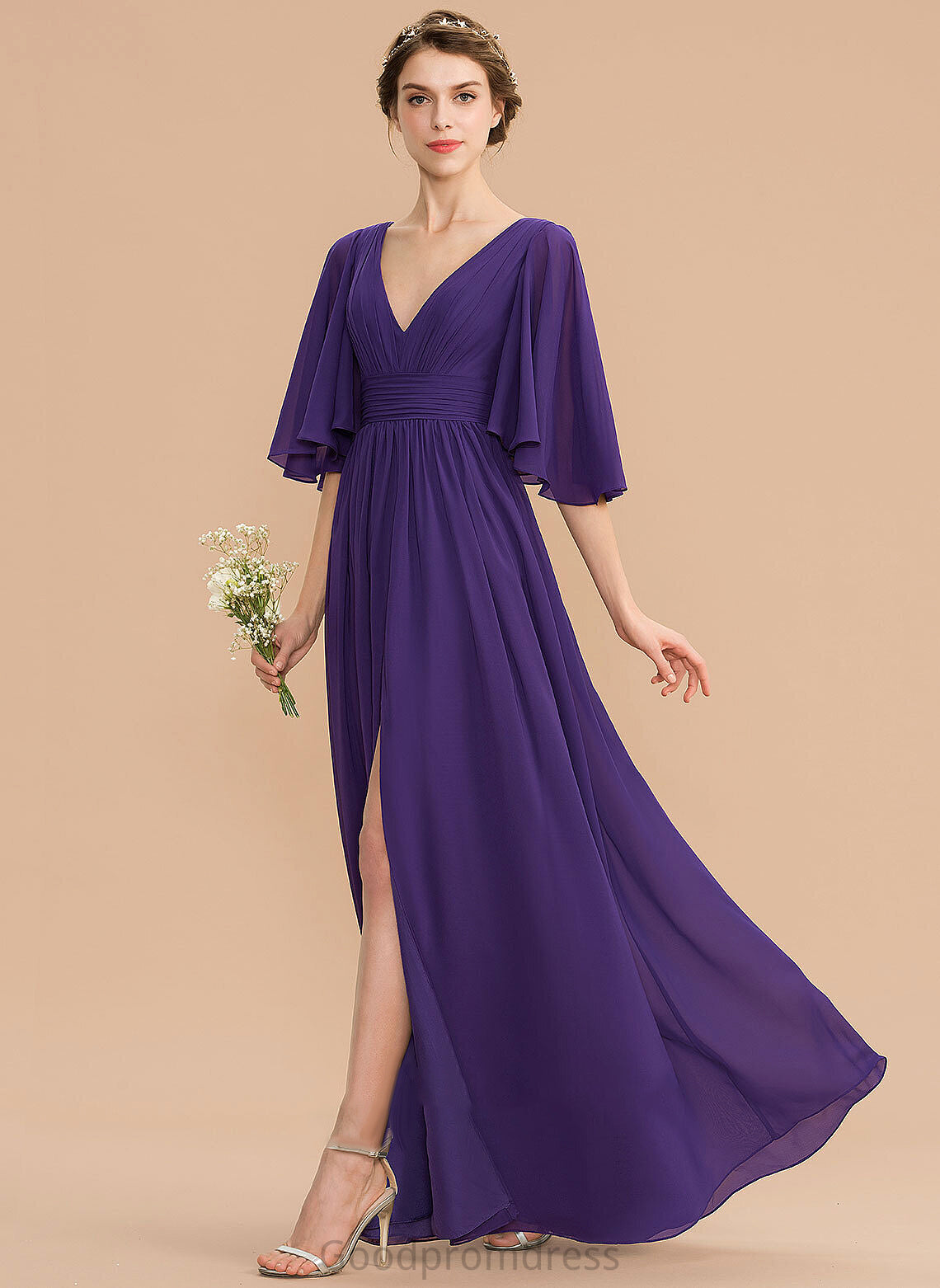 Neckline Fabric V-neck Embellishment Bow(s) Length Silhouette Floor-Length SplitFront A-Line Ruffle Rebekah Bridesmaid Dresses