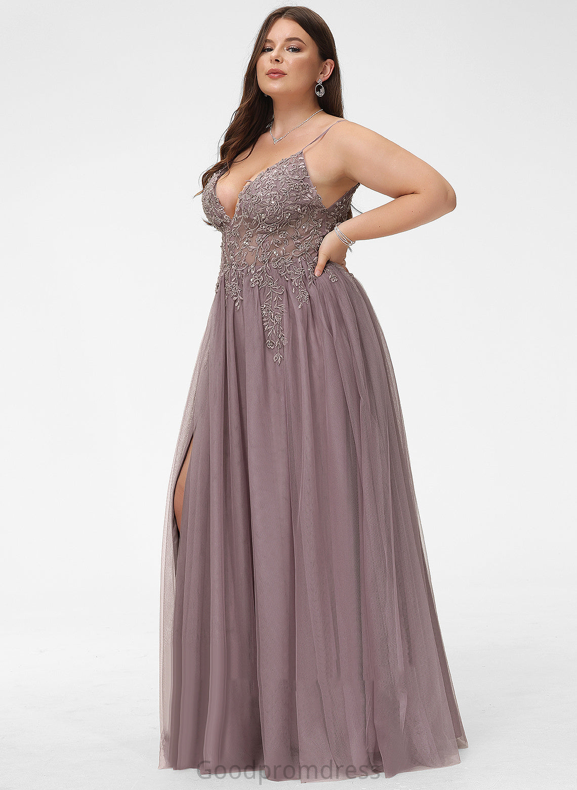 Kay Beading Sequins Lace With V-neck Tulle Floor-Length A-Line Prom Dresses