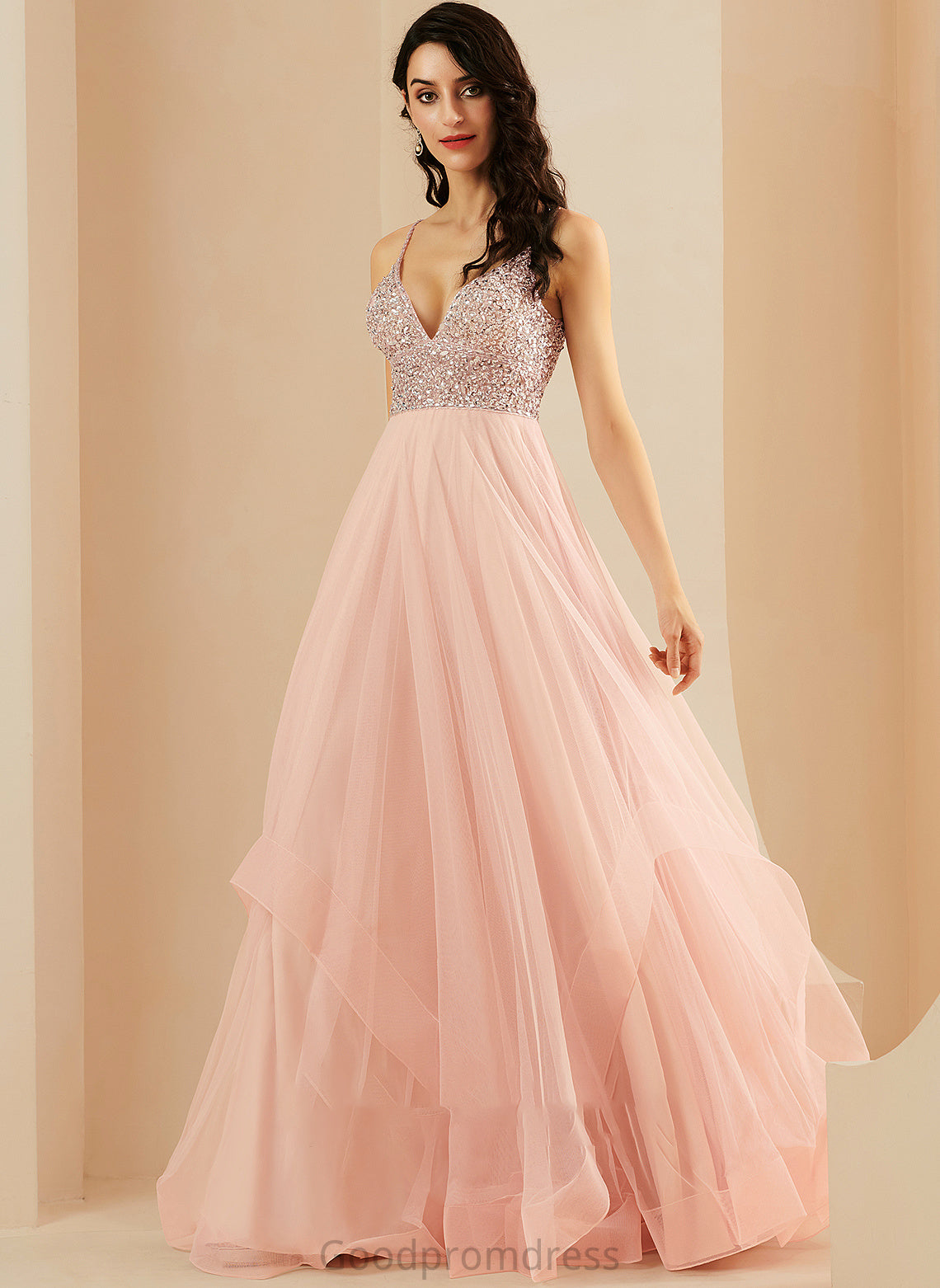 A-Line With Floor-Length V-neck Beading Sequins Selina Tulle Prom Dresses