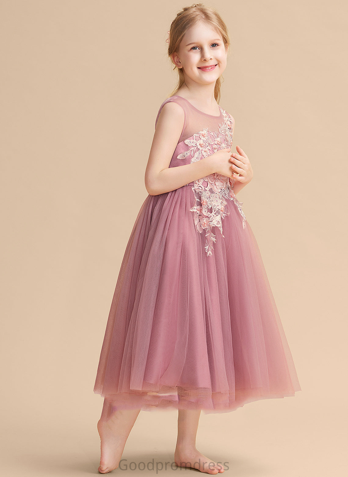 Neck Flower Zariah Lace/Beading Tulle Ball-Gown/Princess Scoop Tea-length With Girl Dress Sleeveless Flower Girl Dresses -