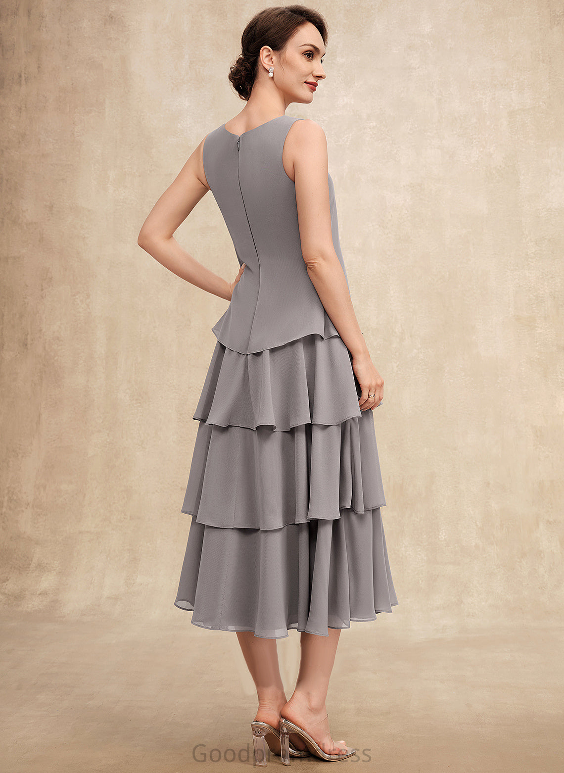 Bride Dress With the Karley Cascading Mother of the Bride Dresses Mother Tea-Length Ruffles A-Line Scoop Neck Chiffon of