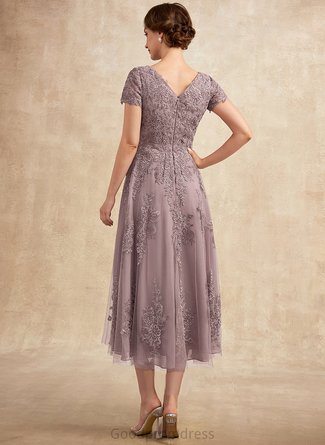 Sahna Neck Mother A-Line Lace Scoop Dress Bride Tea-Length Tulle of the Mother of the Bride Dresses