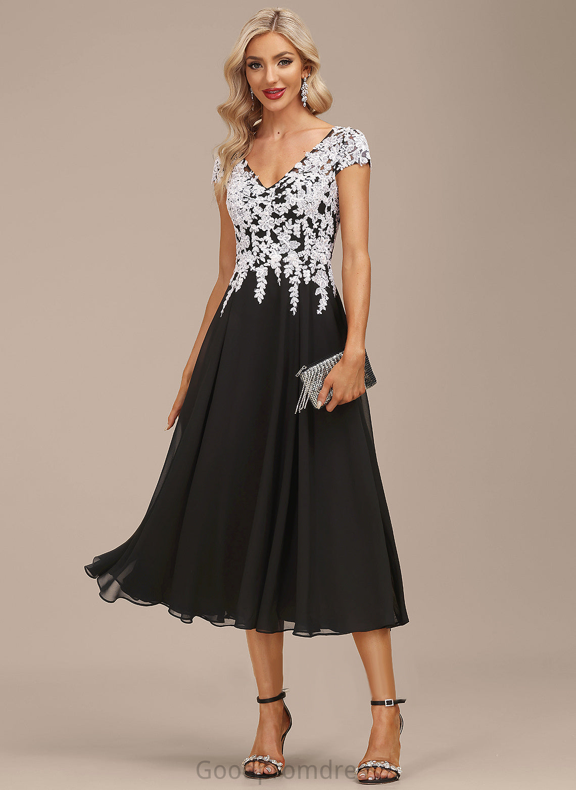 Serena A-Line Lace Dress Chiffon V-neck Cocktail Dresses Tea-Length Cocktail