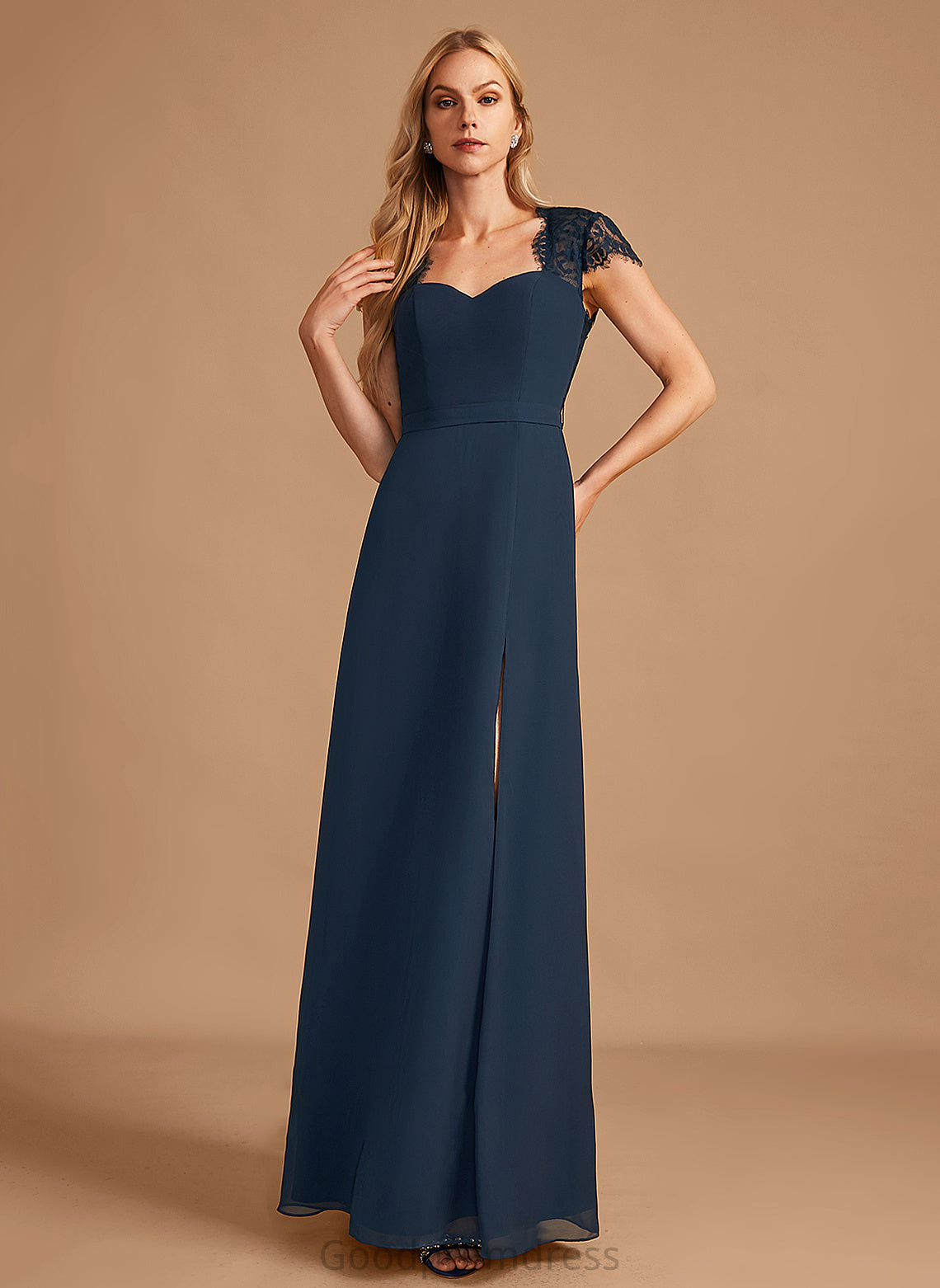 A-Line Fabric Silhouette Floor-Length SplitFront Lace Length Neckline Embellishment V-neck Nia A-Line/Princess Bridesmaid Dresses