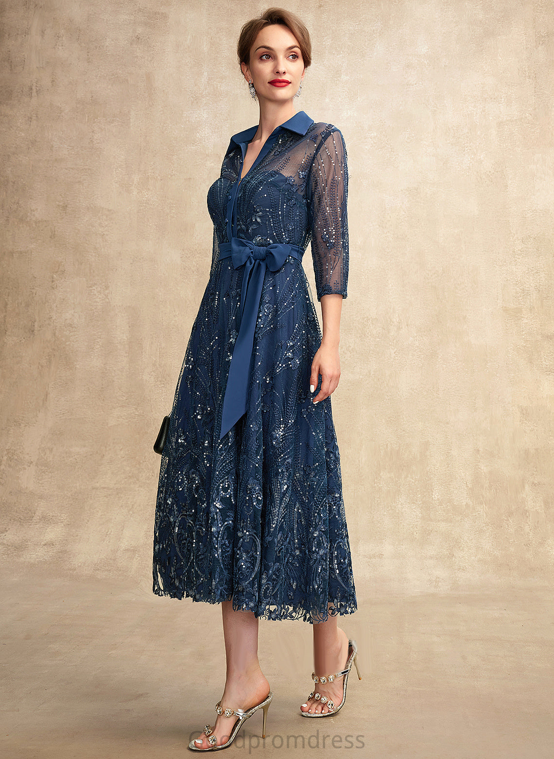 With Mother Dress Tea-Length V-neck the Chiffon Mother of the Bride Dresses Bride Bow(s) A-Line Lace Gia of Sequins