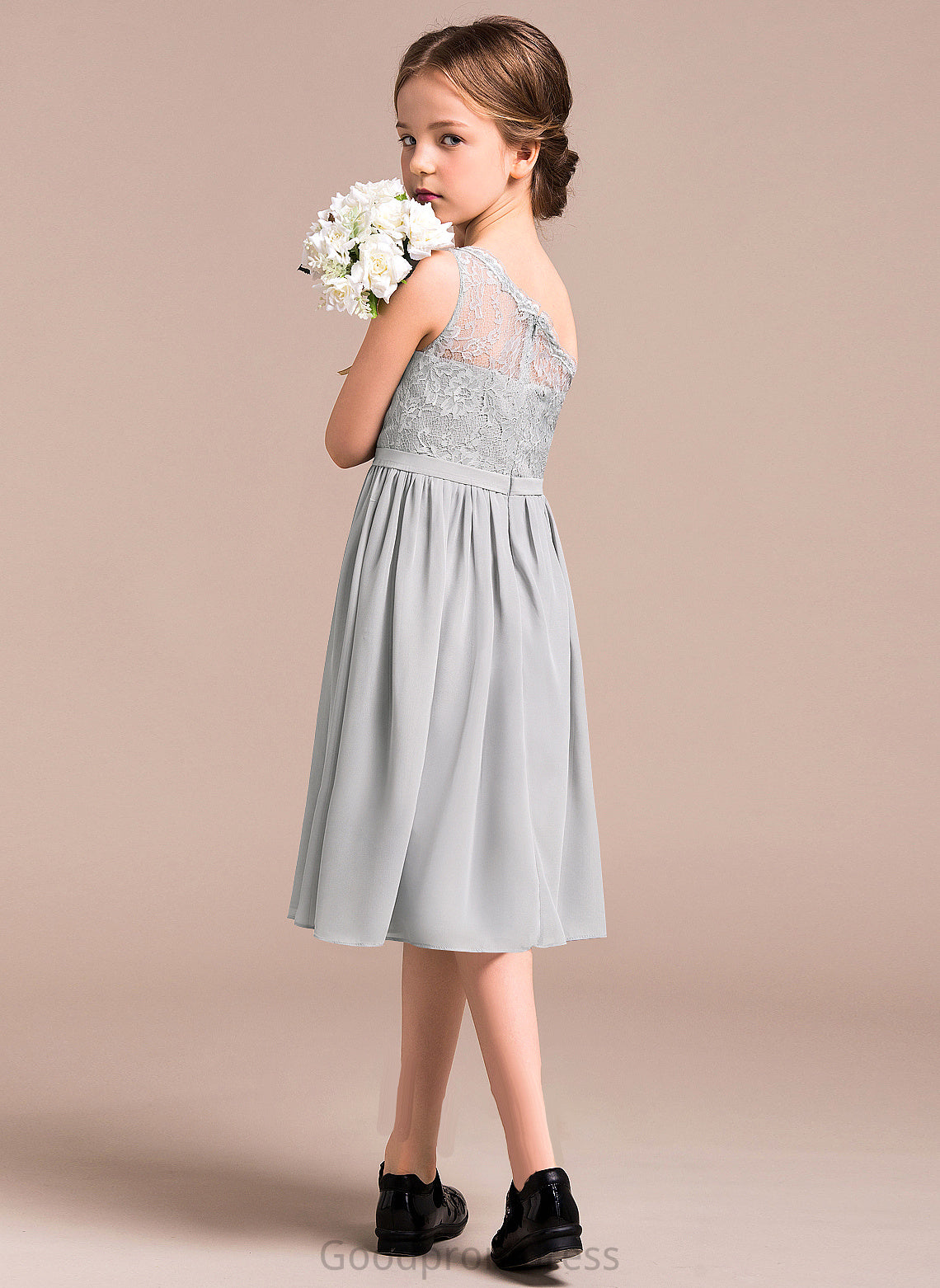 A-Line Chiffon Knee-Length Lace Junior Bridesmaid Dresses Saniyah One-Shoulder