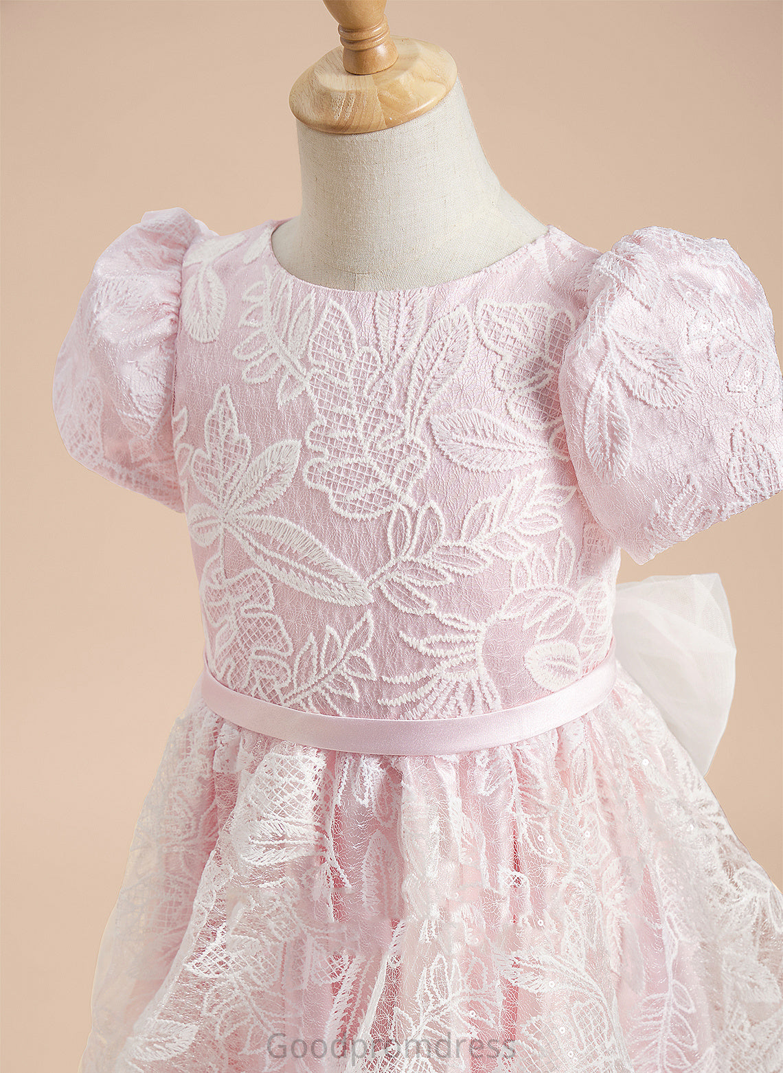 A-Line Short Flower Girl Dresses - Sleeves Knee-length Neck Emma Scoop Girl Flower Satin/Tulle With Lace/Sequins/Bow(s) Dress